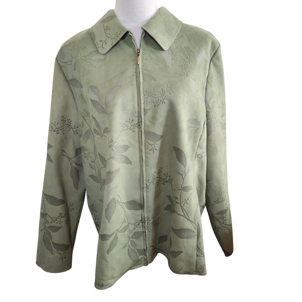 Alfred Dunner Womens Size 18 Green Faux Suede Floral Leaf Print Zip Front Jacket